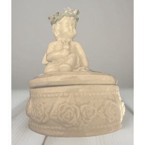 Vtg Angel Trinket Jewelry Box White Porcelain Ceramic Cherub Color Floral Crown